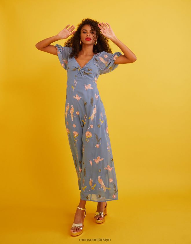 Monsoon kadınlar dani işlemeli midi elbise JH86BT894 Giyim mavi