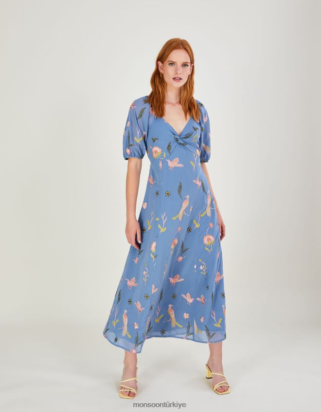 Monsoon kadınlar dani işlemeli midi elbise JH86BT894 Giyim mavi