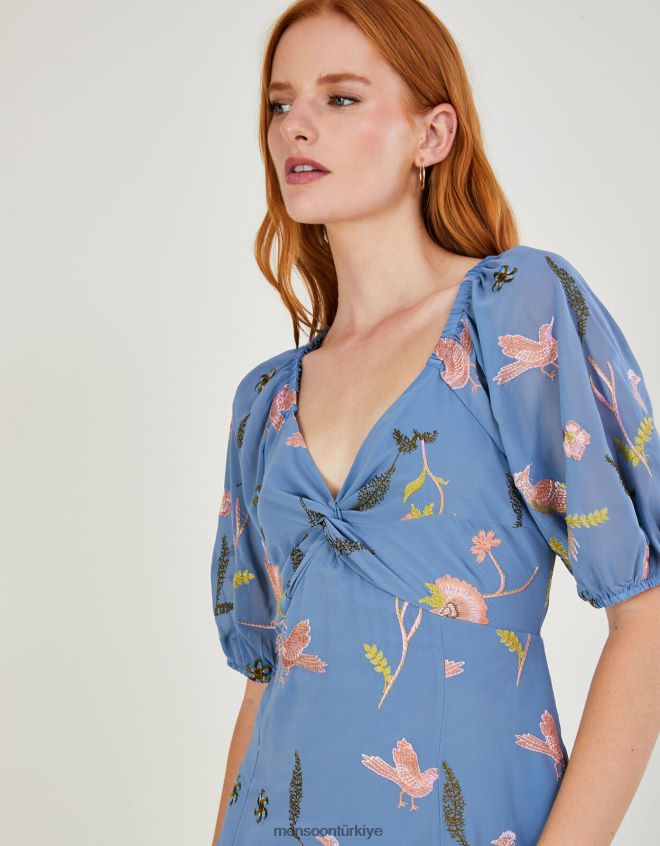 Monsoon kadınlar dani işlemeli midi elbise JH86BT894 Giyim mavi