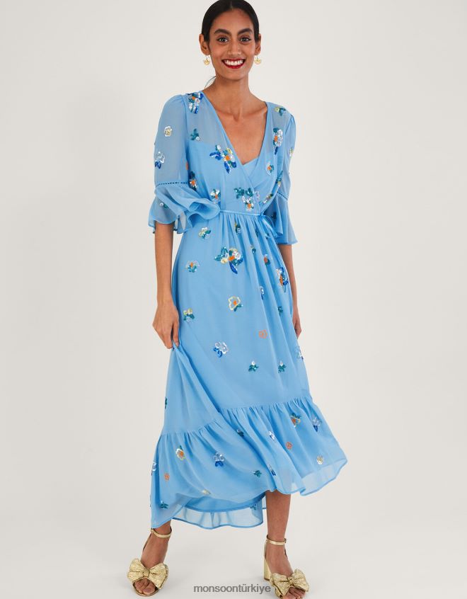 Monsoon kadınlar daniella geri dönüştürülmüş polyesterden süslenmiş anvelop elbise JH86BT804 Giyim mavi