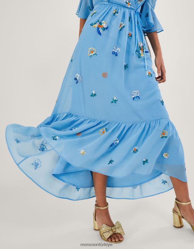 Monsoon kadınlar daniella geri dönüştürülmüş polyesterden süslenmiş anvelop elbise JH86BT804 Giyim mavi