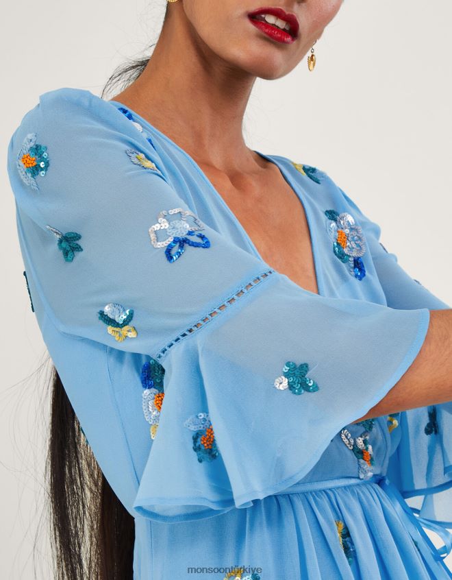 Monsoon kadınlar daniella geri dönüştürülmüş polyesterden süslenmiş anvelop elbise JH86BT804 Giyim mavi