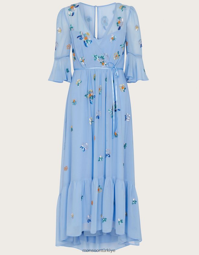 Monsoon kadınlar daniella geri dönüştürülmüş polyesterden süslenmiş anvelop elbise JH86BT804 Giyim mavi