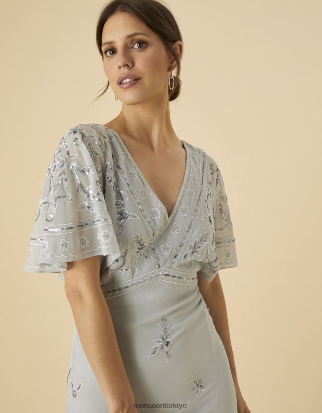 Monsoon kadınlar elena süslenmiş maxi elbise JH86BT1120 Giyim gümüş