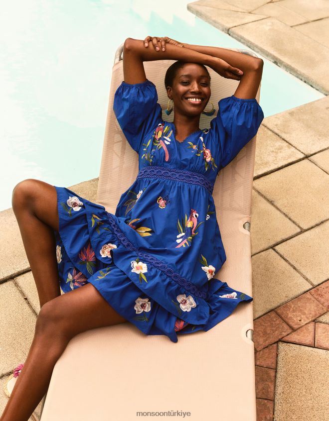 Monsoon kadınlar ellie işlemeli katmanlı etek elbise JH86BT1068 Giyim mavi (kobalt)