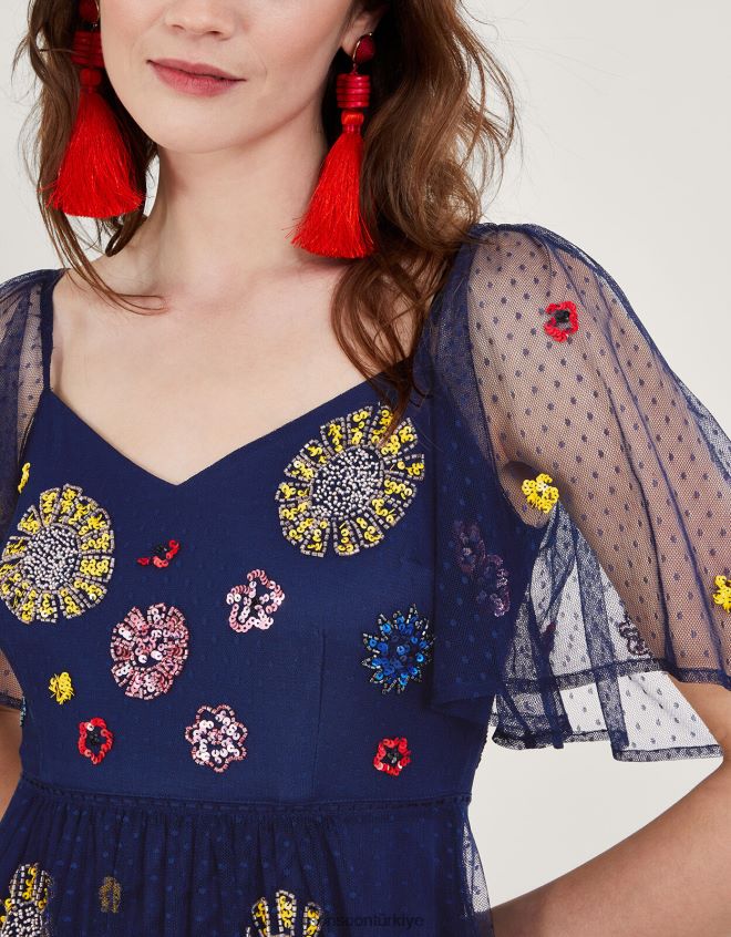 Monsoon kadınlar fernada işlemeli elbise JH86BT231 Giyim Mavi Donanma)