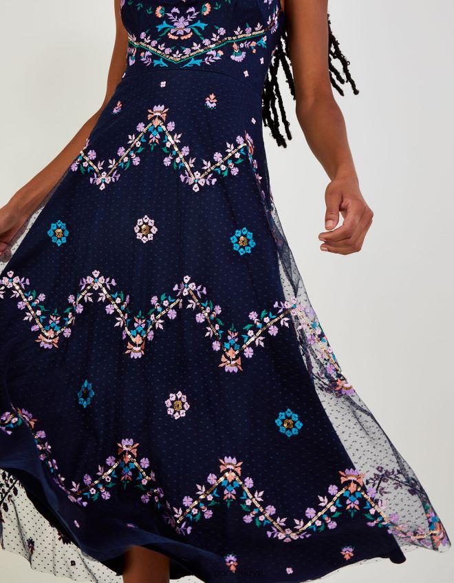 Monsoon kadınlar fiorella fırfır askılı işlemeli elbise JH86BT661 Giyim Mavi Donanma)