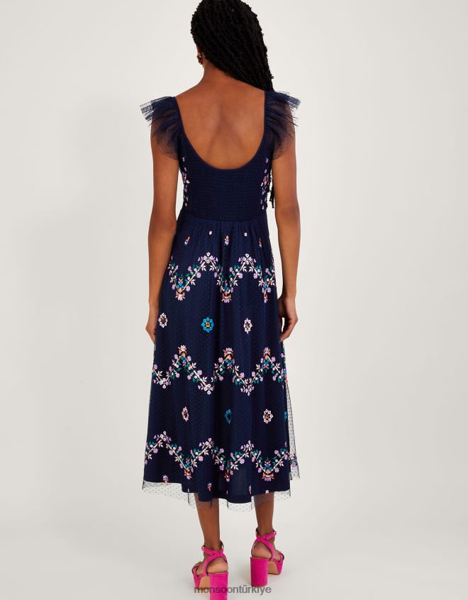 Monsoon kadınlar fiorella fırfır askılı işlemeli elbise JH86BT661 Giyim Mavi Donanma)