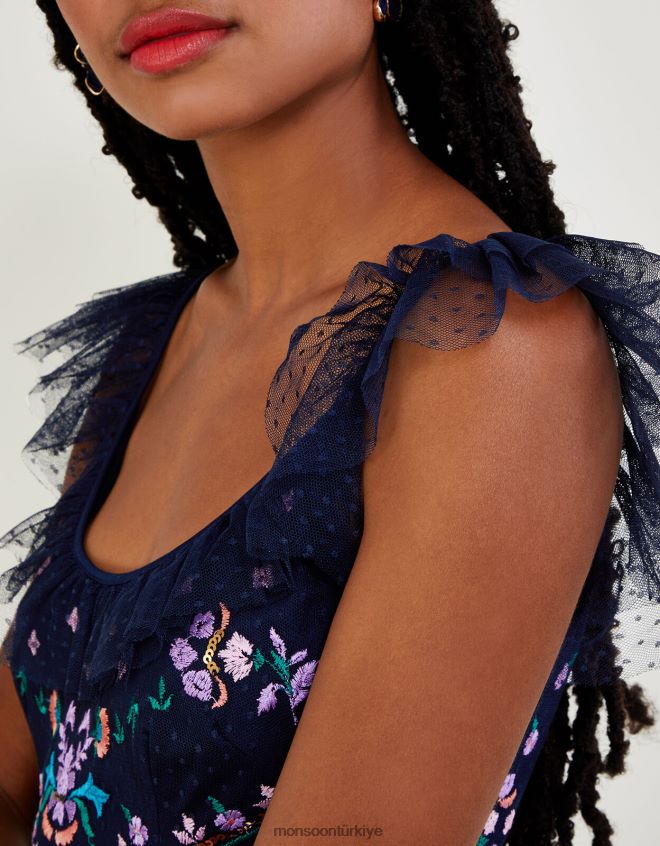 Monsoon kadınlar fiorella fırfır askılı işlemeli elbise JH86BT661 Giyim Mavi Donanma)