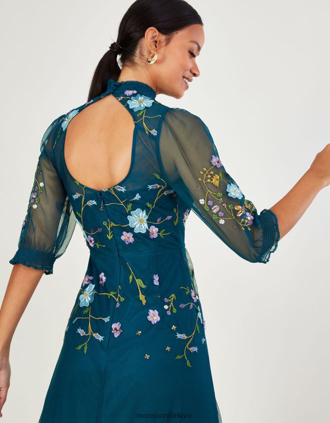 Monsoon kadınlar francesca işlemeli midi elbise JH86BT1033 Giyim mavi