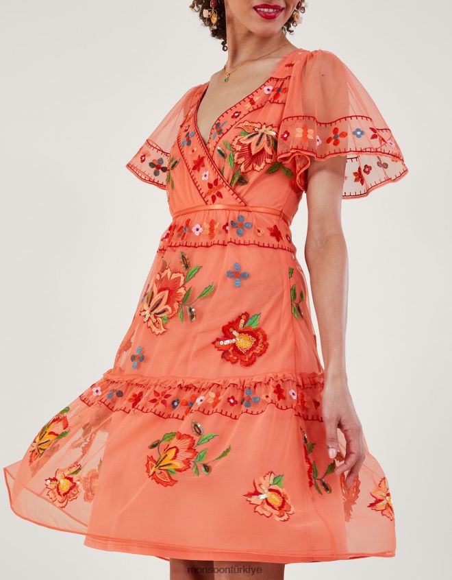 Monsoon kadınlar geri dönüştürülmüş polyesterden ana işlemeli katmanlı elbise JH86BT916 Giyim turuncu