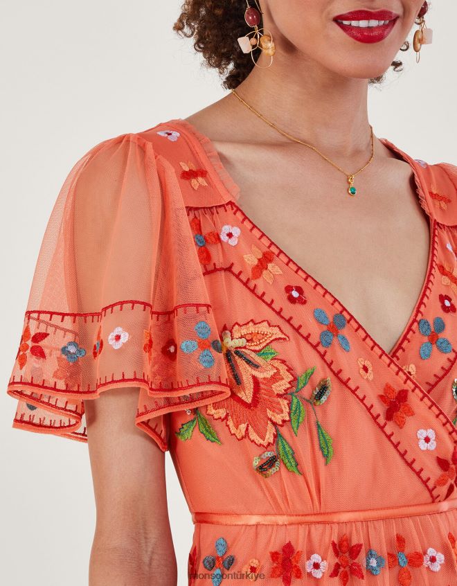 Monsoon kadınlar geri dönüştürülmüş polyesterden ana işlemeli katmanlı elbise JH86BT916 Giyim turuncu