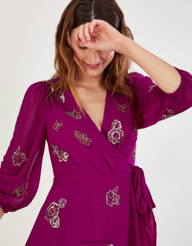 Monsoon kadınlar geri dönüştürülmüş polyesterden ava süslemeli anvelop elbise JH86BT1064 Giyim pembe