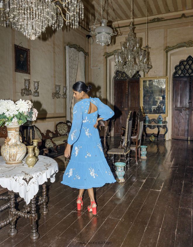 Monsoon kadınlar geri dönüştürülmüş polyesterden belle katmanlı elbise JH86BT874 Giyim mavi