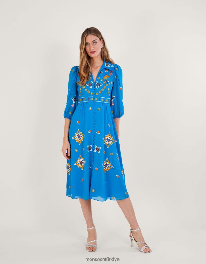 Monsoon kadınlar geri dönüştürülmüş polyesterden blair işlemeli gömlek elbise JH86BT847 Giyim mavi