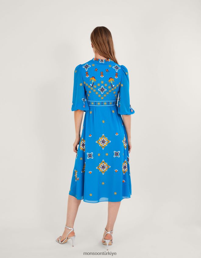 Monsoon kadınlar geri dönüştürülmüş polyesterden blair işlemeli gömlek elbise JH86BT847 Giyim mavi