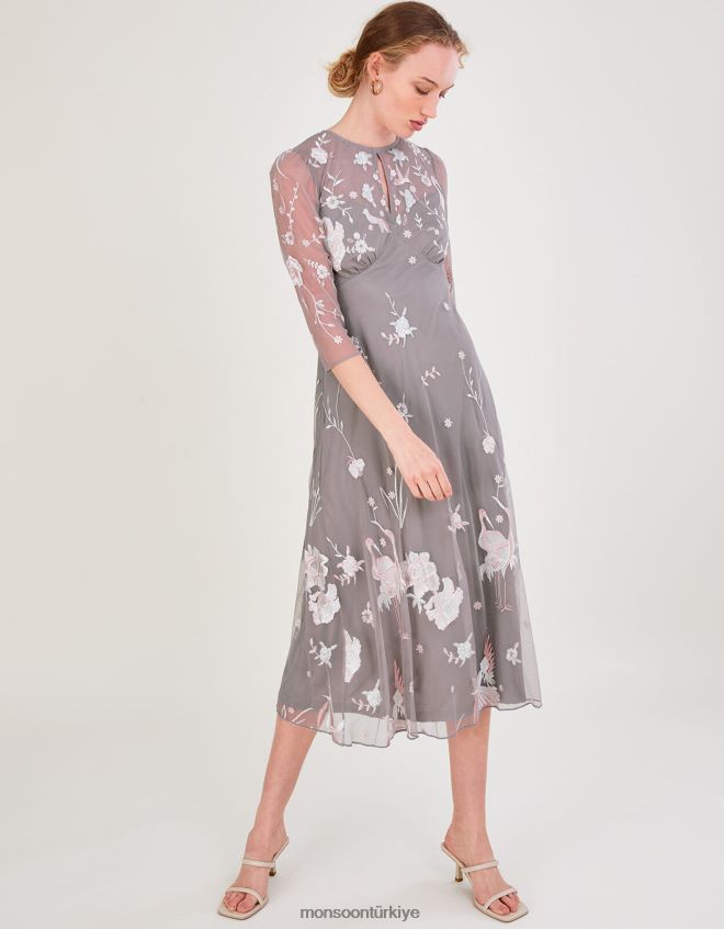 Monsoon kadınlar geri dönüştürülmüş polyesterden britta süslemeli midi elbise JH86BT1044 Giyim gri