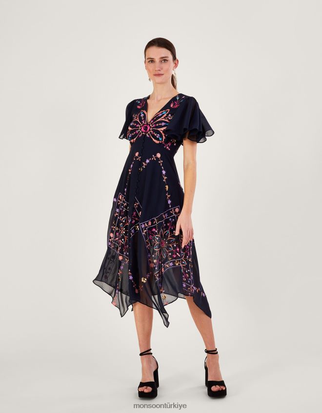 Monsoon kadınlar geri dönüştürülmüş polyesterden brittany işlemeli elbise JH86BT1011 Giyim Mavi Donanma)