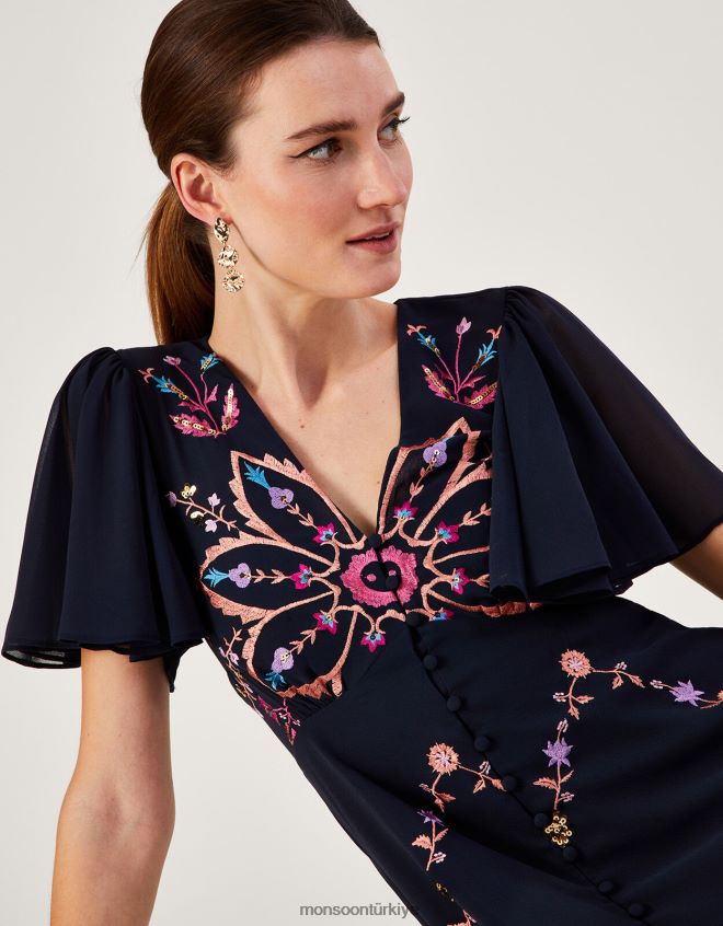 Monsoon kadınlar geri dönüştürülmüş polyesterden brittany işlemeli elbise JH86BT1011 Giyim Mavi Donanma)