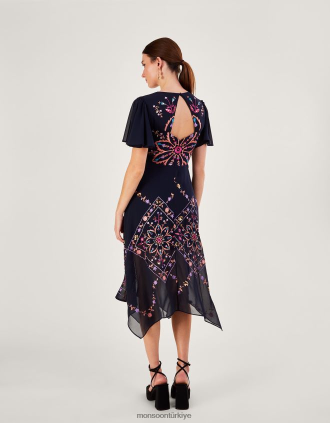 Monsoon kadınlar geri dönüştürülmüş polyesterden brittany işlemeli elbise JH86BT1011 Giyim Mavi Donanma)