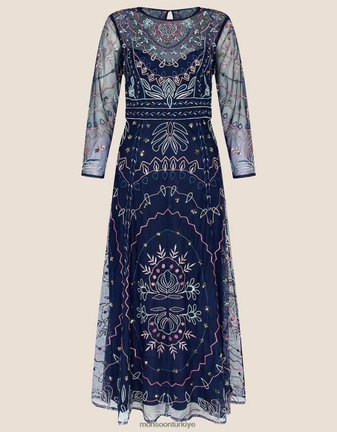 Monsoon kadınlar geri dönüştürülmüş polyesterden jeannine süslemeli midi elbise JH86BT1139 Giyim Mavi Donanma)