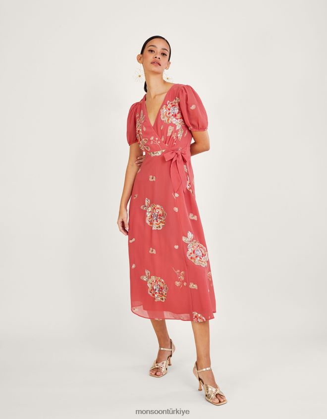 Monsoon kadınlar geri dönüştürülmüş polyesterden kira süslemeli anvelop elbise JH86BT992 Giyim pembe