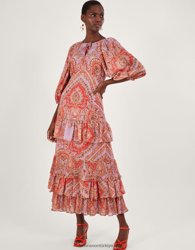 Monsoon kadınlar geri dönüştürülmüş polyesterden laetita baskılı katlı maxi elbise JH86BT905 Giyim mor (leylak)