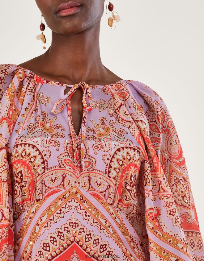 Monsoon kadınlar geri dönüştürülmüş polyesterden laetita baskılı katlı maxi elbise JH86BT905 Giyim mor (leylak)