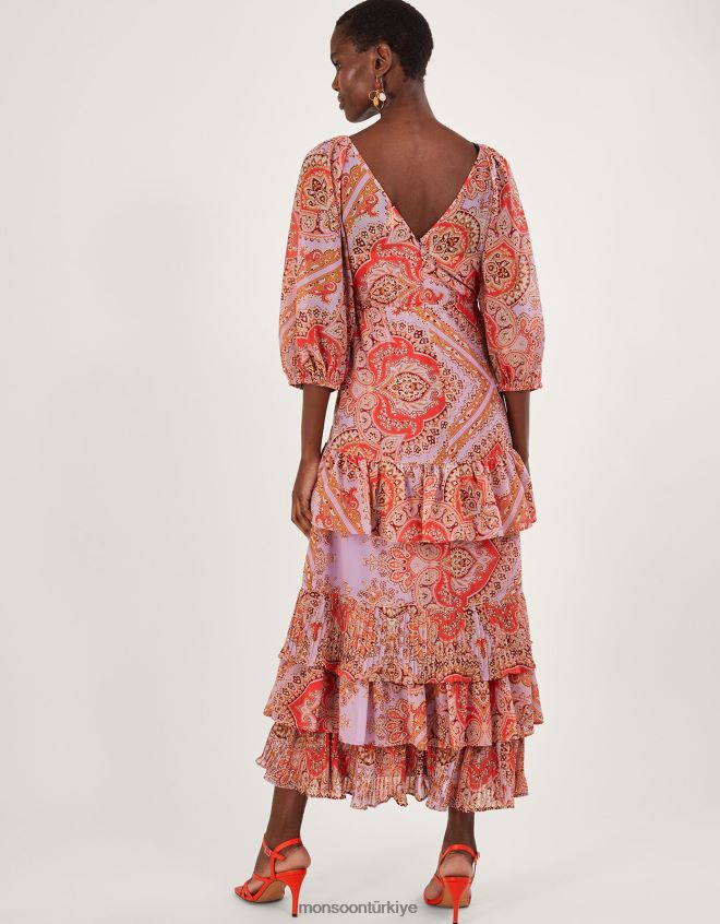 Monsoon kadınlar geri dönüştürülmüş polyesterden laetita baskılı katlı maxi elbise JH86BT905 Giyim mor (leylak)