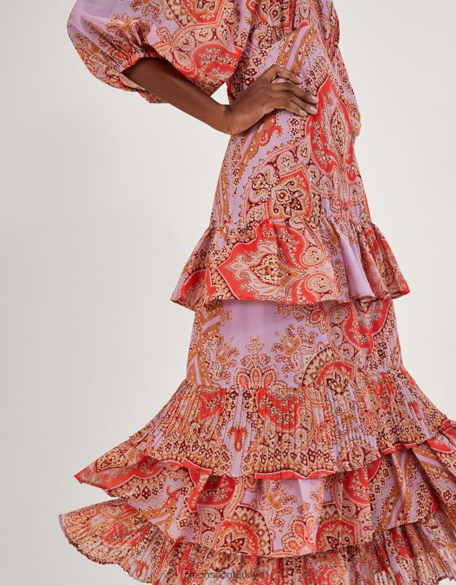 Monsoon kadınlar geri dönüştürülmüş polyesterden laetita baskılı katlı maxi elbise JH86BT905 Giyim mor (leylak)