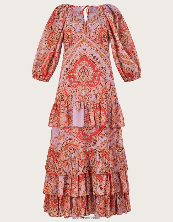 Monsoon kadınlar geri dönüştürülmüş polyesterden laetita baskılı katlı maxi elbise JH86BT905 Giyim mor (leylak)