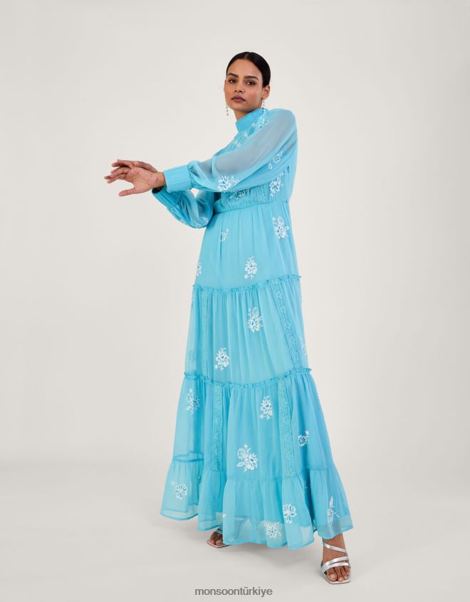 Monsoon kadınlar geri dönüştürülmüş polyesterden maddie işlemeli maksi elbise JH86BT942 Giyim mavi (su)