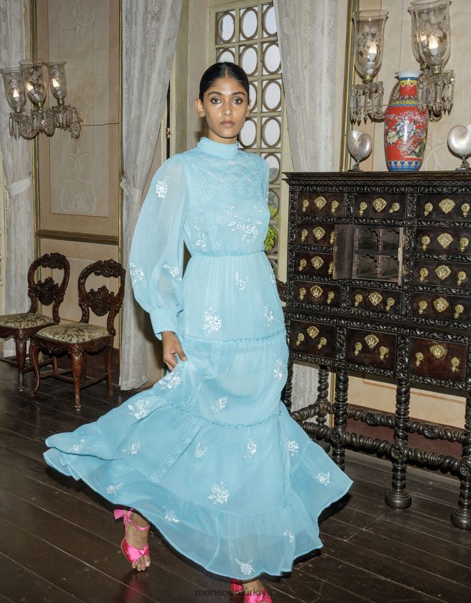 Monsoon kadınlar geri dönüştürülmüş polyesterden maddie işlemeli maksi elbise JH86BT942 Giyim mavi (su)