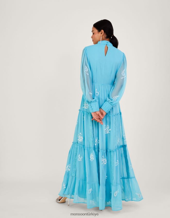 Monsoon kadınlar geri dönüştürülmüş polyesterden maddie işlemeli maksi elbise JH86BT942 Giyim mavi (su)