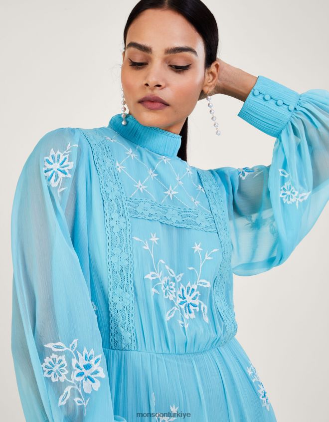 Monsoon kadınlar geri dönüştürülmüş polyesterden maddie işlemeli maksi elbise JH86BT942 Giyim mavi (su)