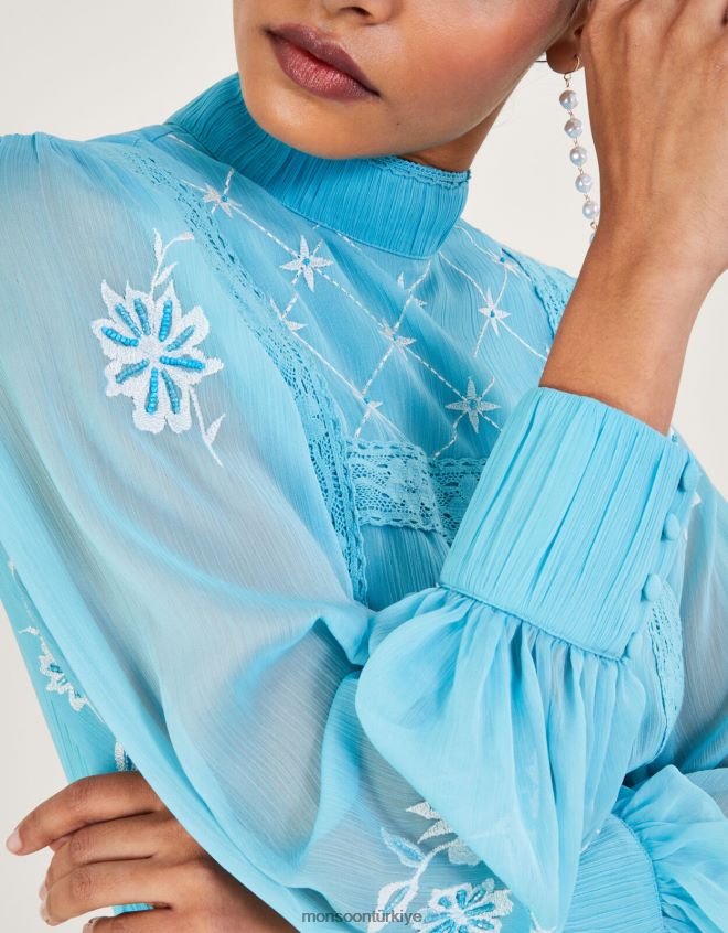 Monsoon kadınlar geri dönüştürülmüş polyesterden maddie işlemeli maksi elbise JH86BT942 Giyim mavi (su)