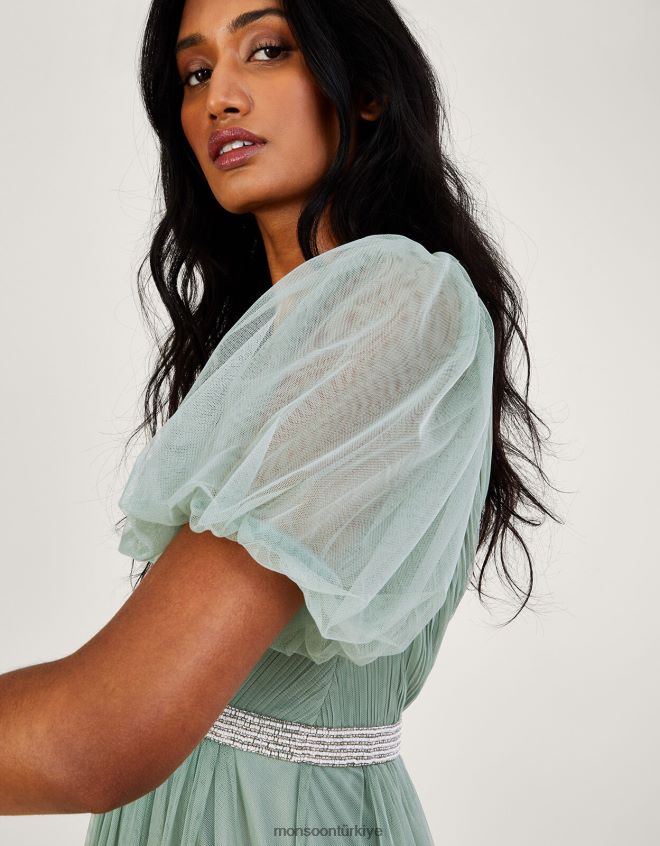 Monsoon kadınlar geri dönüştürülmüş polyesterden meghan file maksi elbise JH86BT336 Giyim yeşil