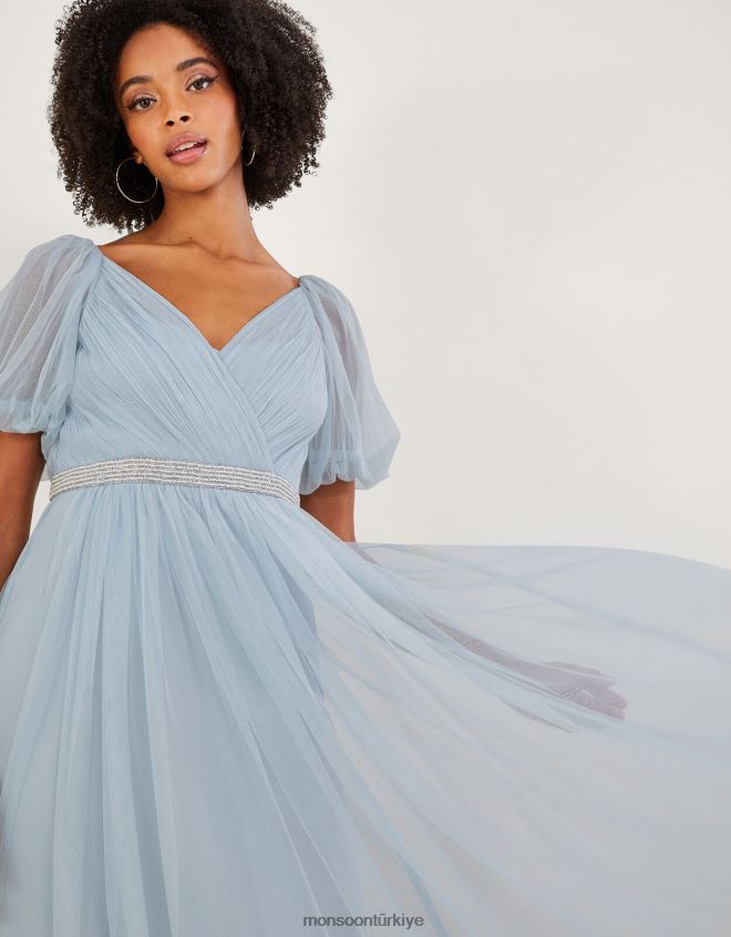 Monsoon kadınlar geri dönüştürülmüş polyesterden meghan file maksi elbise JH86BT715 Giyim bulut