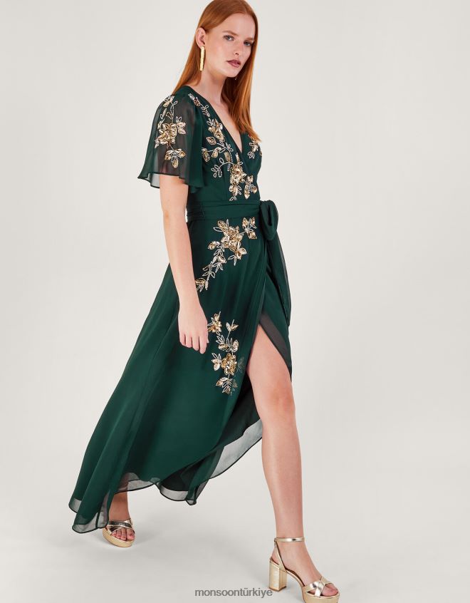 Monsoon kadınlar geri dönüştürülmüş polyesterden sarah süslemeli anvelop elbise JH86BT5 Giyim yeşil