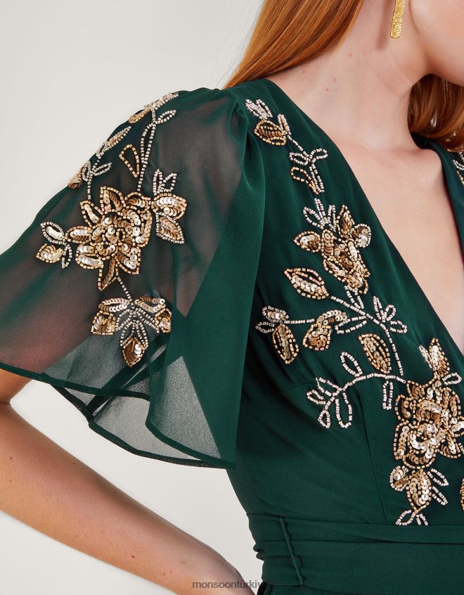 Monsoon kadınlar geri dönüştürülmüş polyesterden sarah süslemeli anvelop elbise JH86BT5 Giyim yeşil