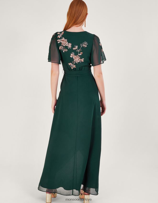 Monsoon kadınlar geri dönüştürülmüş polyesterden sarah süslemeli anvelop elbise JH86BT5 Giyim yeşil