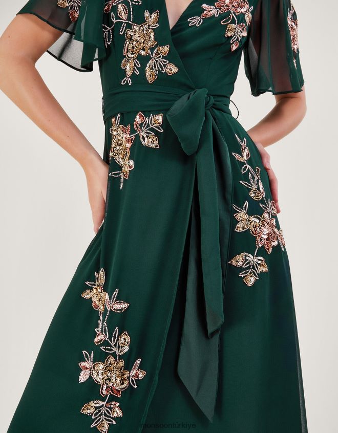 Monsoon kadınlar geri dönüştürülmüş polyesterden sarah süslemeli anvelop elbise JH86BT5 Giyim yeşil