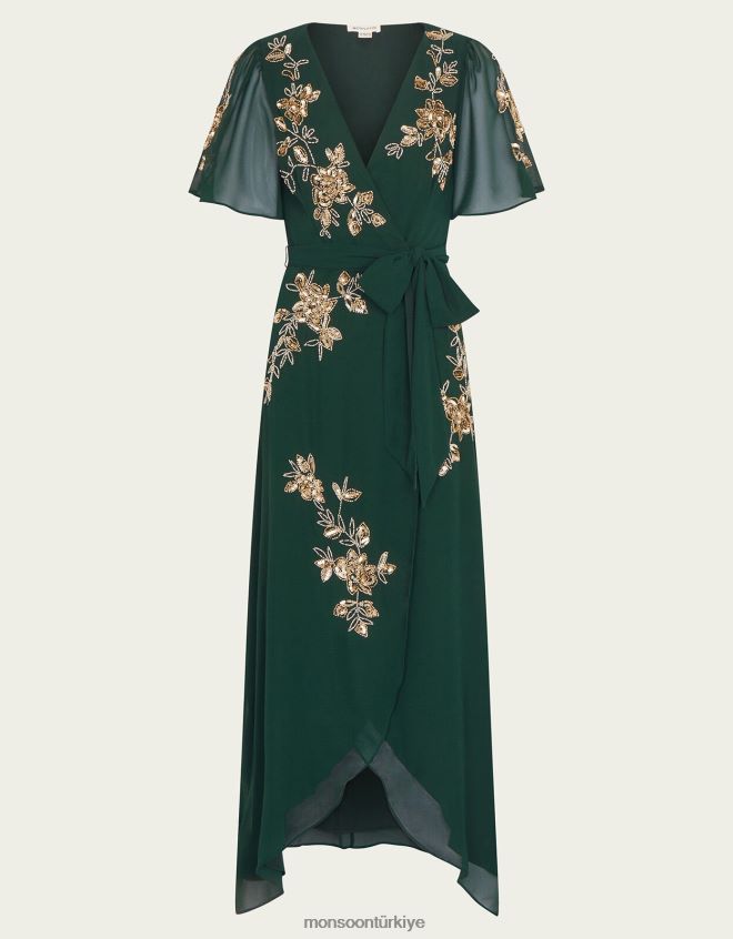 Monsoon kadınlar geri dönüştürülmüş polyesterden sarah süslemeli anvelop elbise JH86BT5 Giyim yeşil