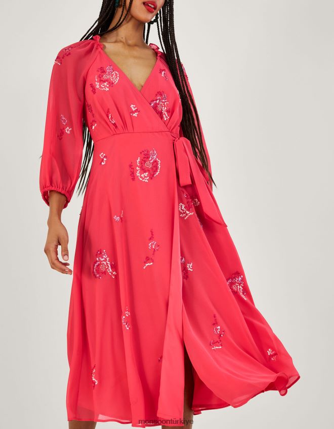 Monsoon kadınlar geri dönüştürülmüş polyesterden tammy süslemeli anvelop midi elbise JH86BT637 Giyim turuncu (mercan)