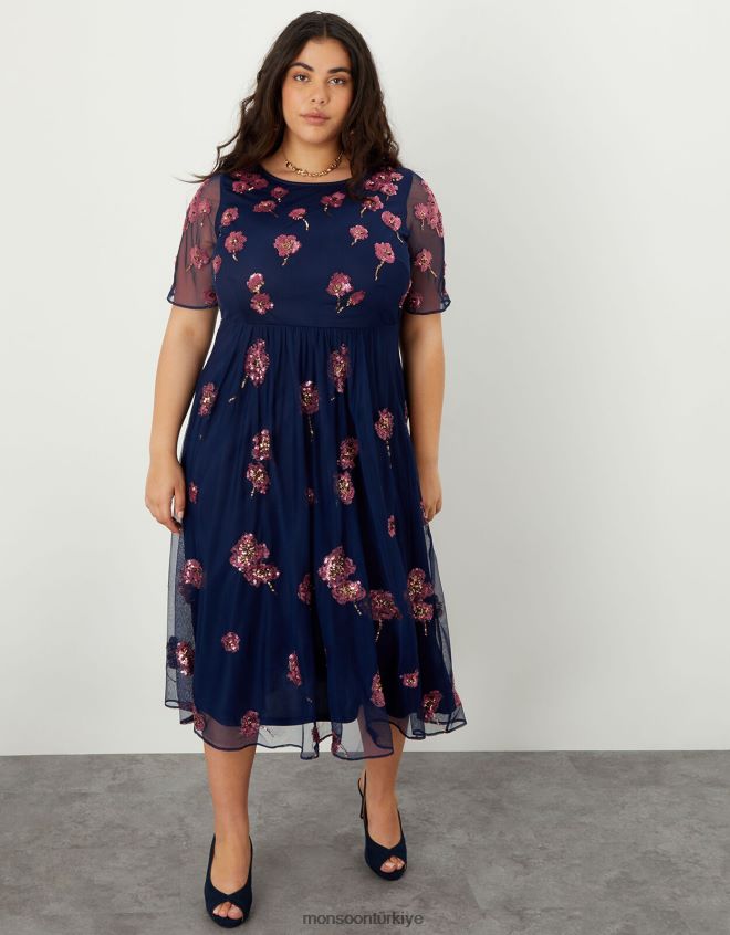 Monsoon kadınlar geri dönüştürülmüş polyesterden yakut süslemeli midi elbise JH86BT1100 Giyim Mavi Donanma)