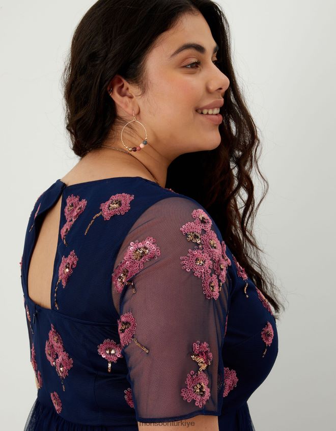 Monsoon kadınlar geri dönüştürülmüş polyesterden yakut süslemeli midi elbise JH86BT1100 Giyim Mavi Donanma)