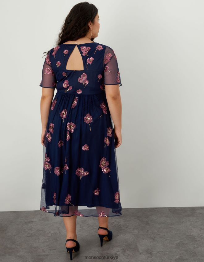 Monsoon kadınlar geri dönüştürülmüş polyesterden yakut süslemeli midi elbise JH86BT1100 Giyim Mavi Donanma)