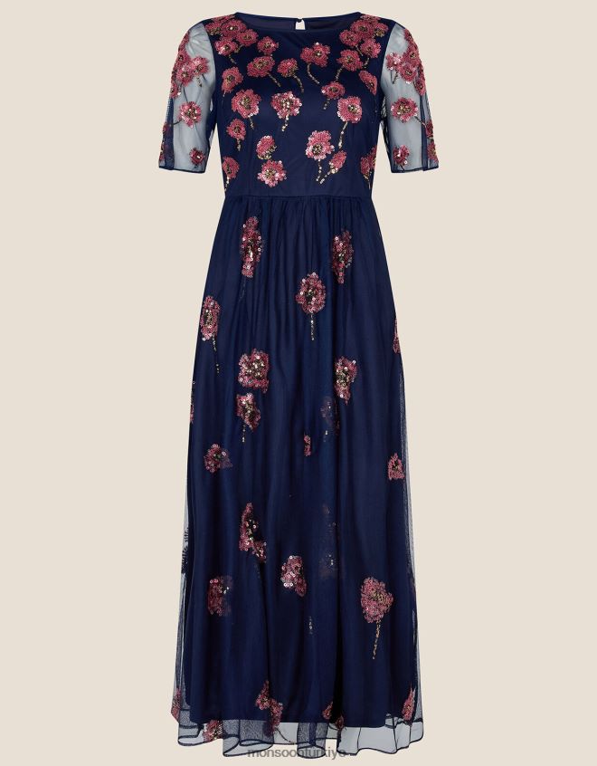 Monsoon kadınlar geri dönüştürülmüş polyesterden yakut süslemeli midi elbise JH86BT1100 Giyim Mavi Donanma)