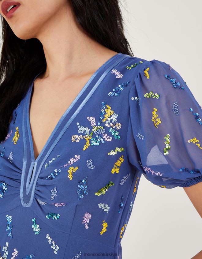 Monsoon kadınlar geri dönüştürülmüş polyesterden zena pullu çay elbisesi JH86BT237 Giyim mavi