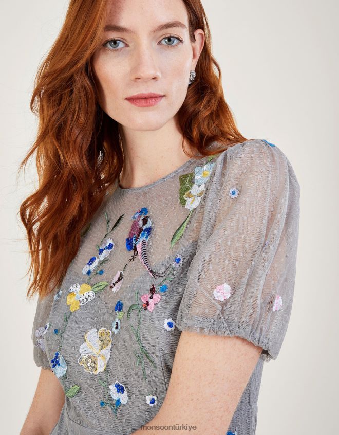 Monsoon kadınlar gwendolyn işlemeli katlı midi elbise JH86BT177 Giyim gri